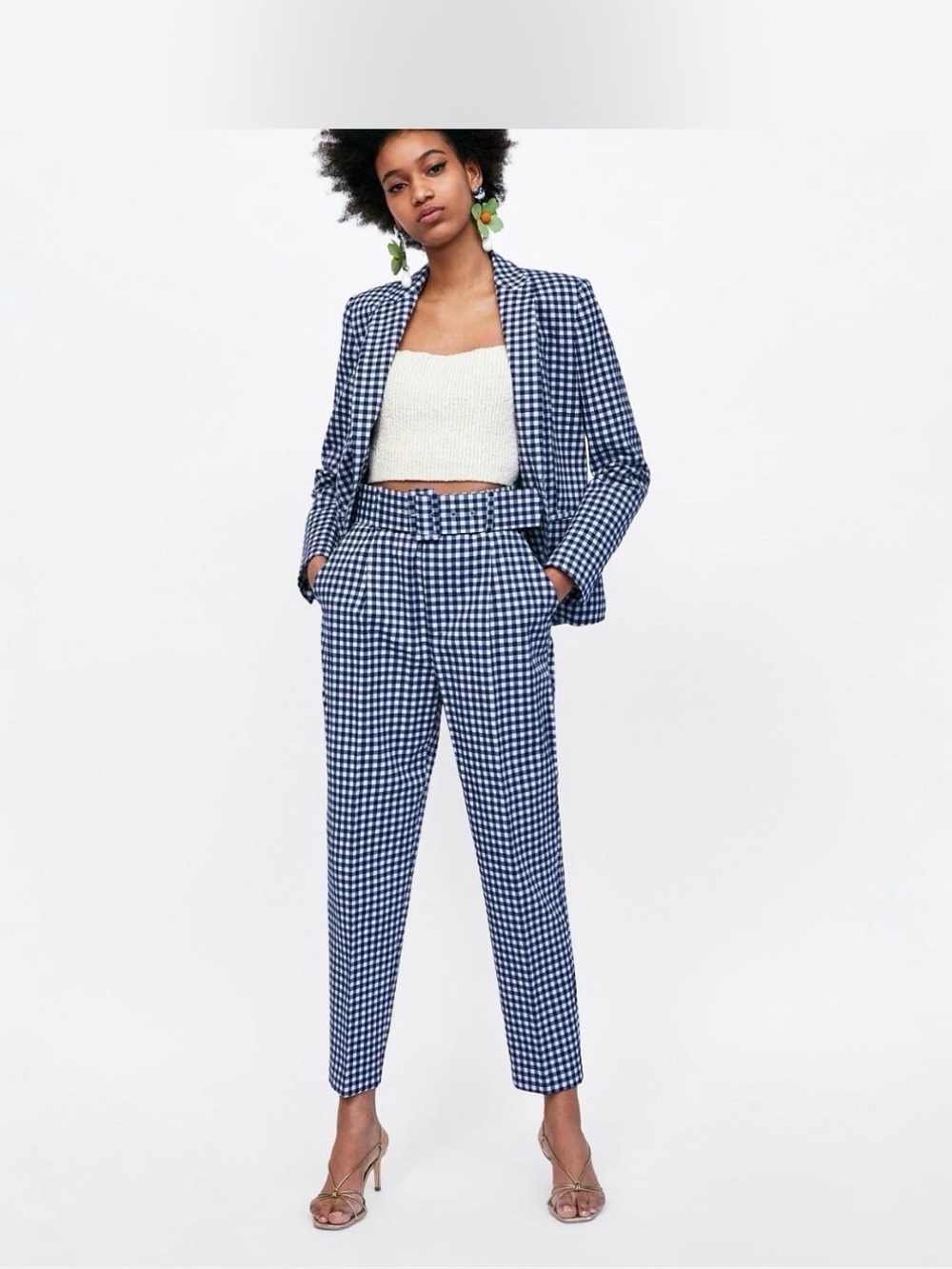 Zara size small Checked Navy Gingham High-Waist Trousers - Women